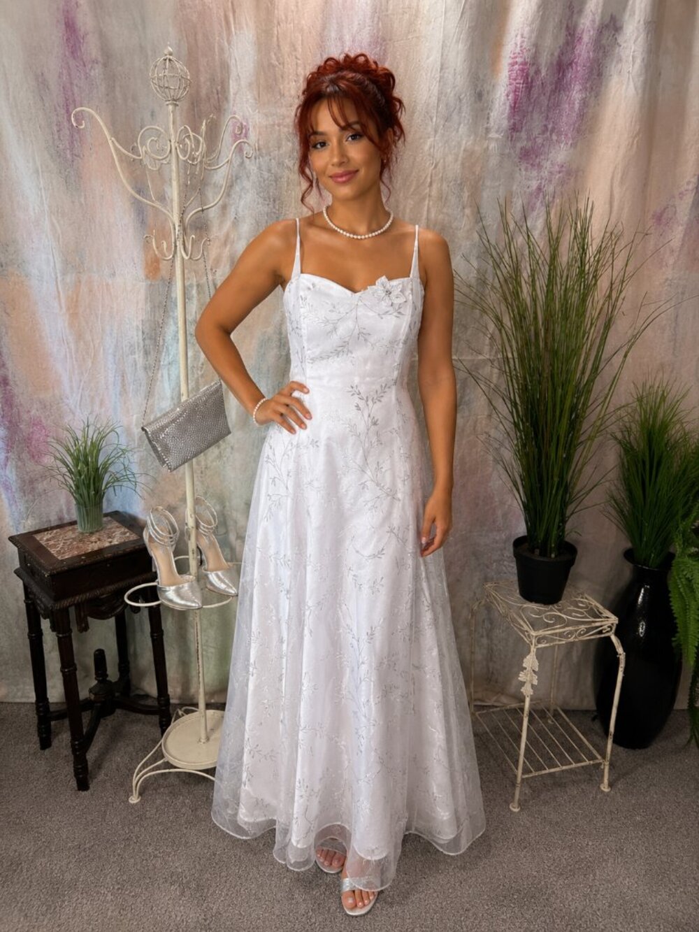 📌Lenovia Fairy White - Silver Floral Bridal - Prom - Formal  Lace Up Gown
